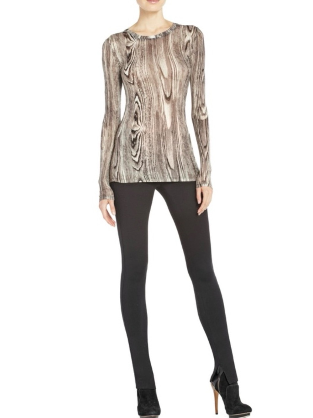 BCBGMaxAzria Brown Black Wood Grain Long Sleeve Shirt Top Size Small